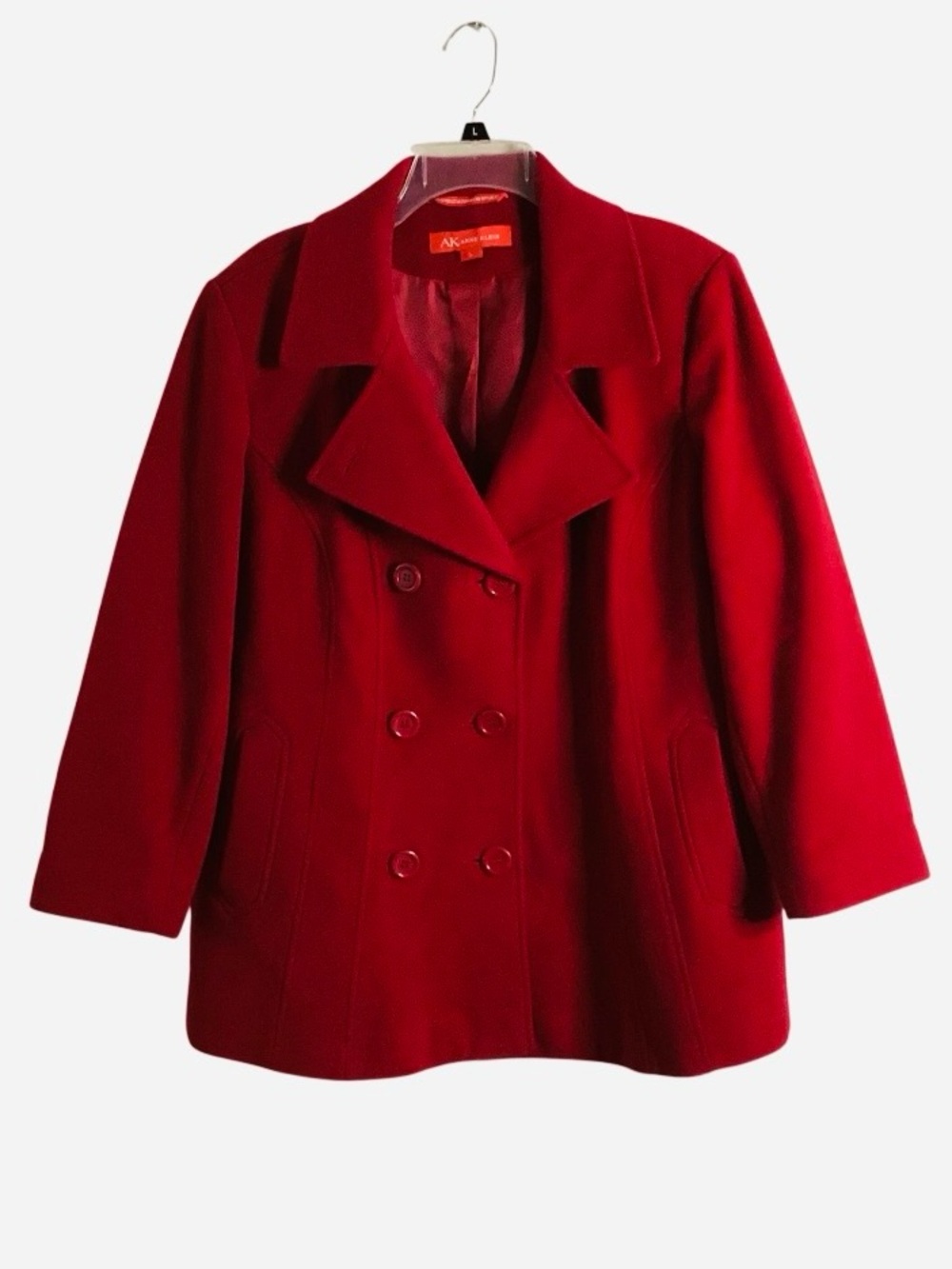 Anne Klein Vibrant Red Double-Breasted Wool Peacoat Large